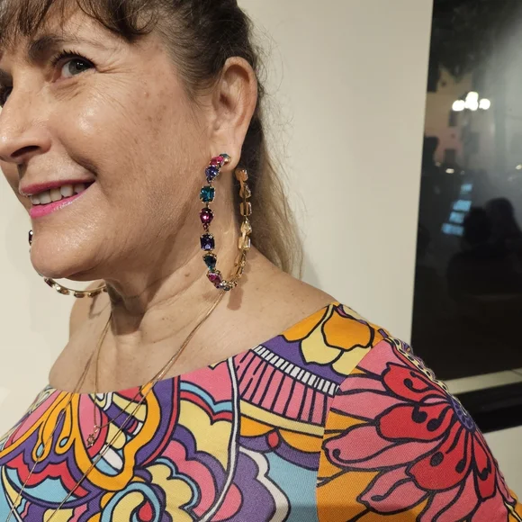 Hoop Earrings Multi-color Rhinestones Vibrant Jewel-Toned Large/Jumbo Hoops - Picture 9 of 12